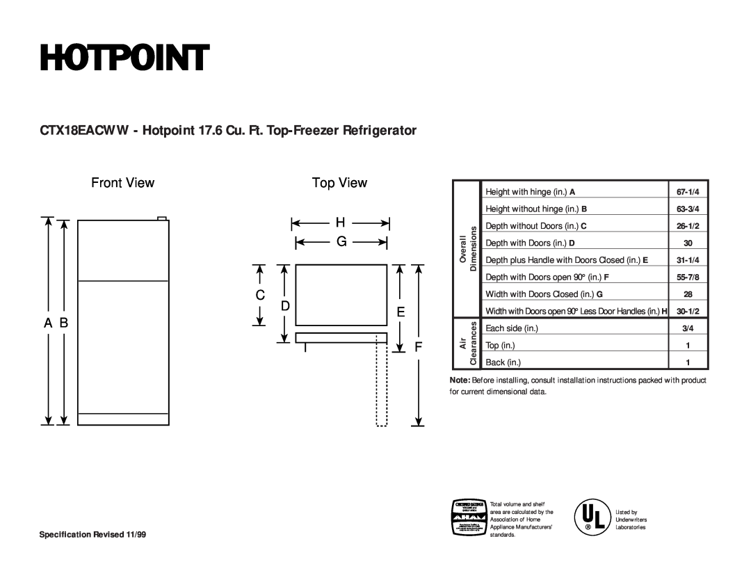 Hotpoint installation instructions CTX18EACWW - Hotpoint 17.6 Cu. Ft. Top-Freezer Refrigerator, Front View A B 
