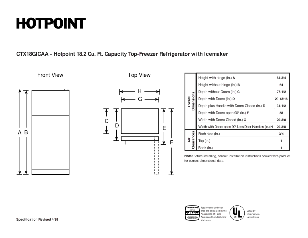 Hotpoint CTX18GICAA installation instructions Front View Top View, Depth with Doors in. D 