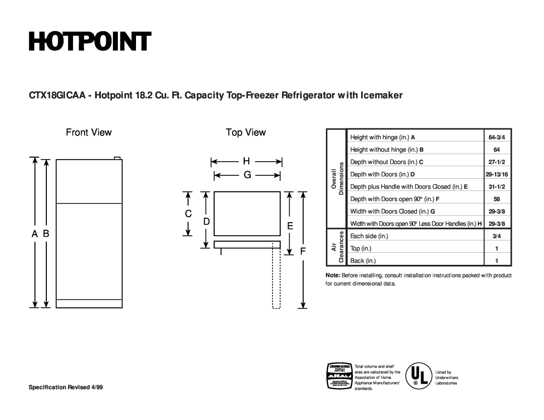 Hotpoint CTX18GICAA installation instructions Front View A B, Top View H G C D 