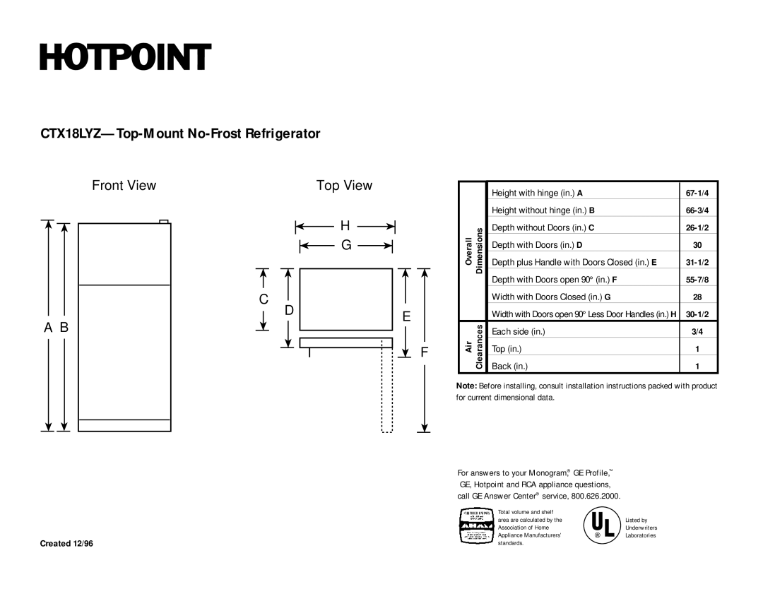 Hotpoint installation instructions CTX18LYZ-Top-Mount No-Frost Refrigerator, Front View Top View 