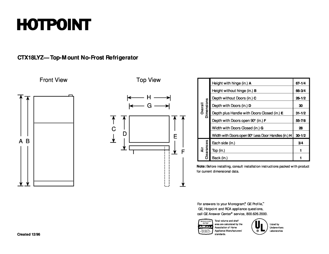 Hotpoint installation instructions CTX18LYZ-Top-Mount No-Frost Refrigerator, Front View A B, Top View H G C D 