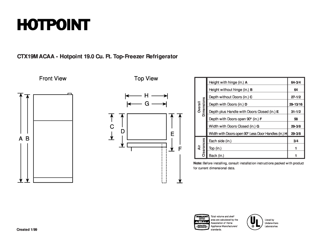 Hotpoint installation instructions CTX19MACAA - Hotpoint 19.0 Cu. Ft. Top-Freezer Refrigerator, Front View A B 
