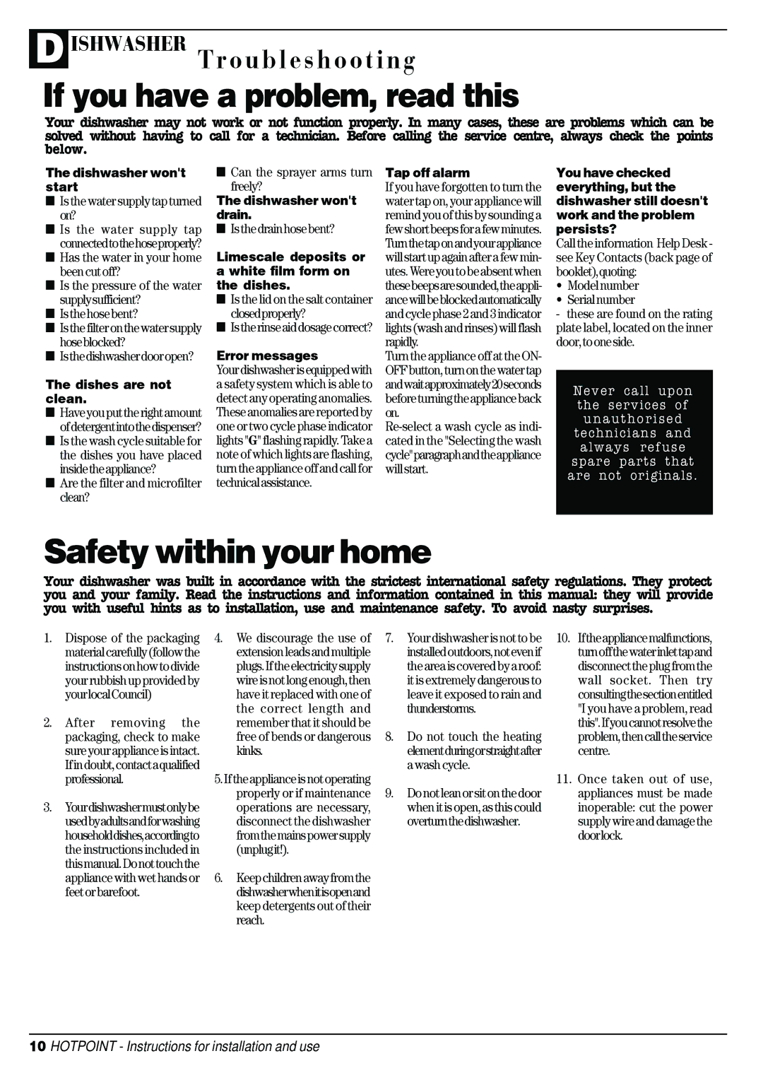 Hotpoint D C 27 manual If you have a problem, read this, Safety within your home 