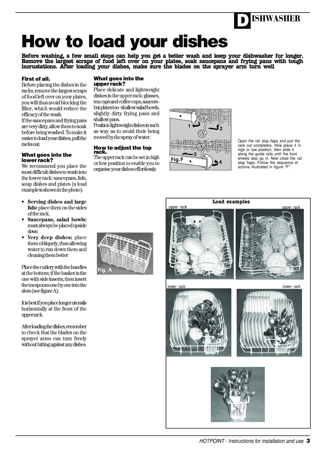 Hotpoint D C 27 manual How to adjust the top rack, Load examples 