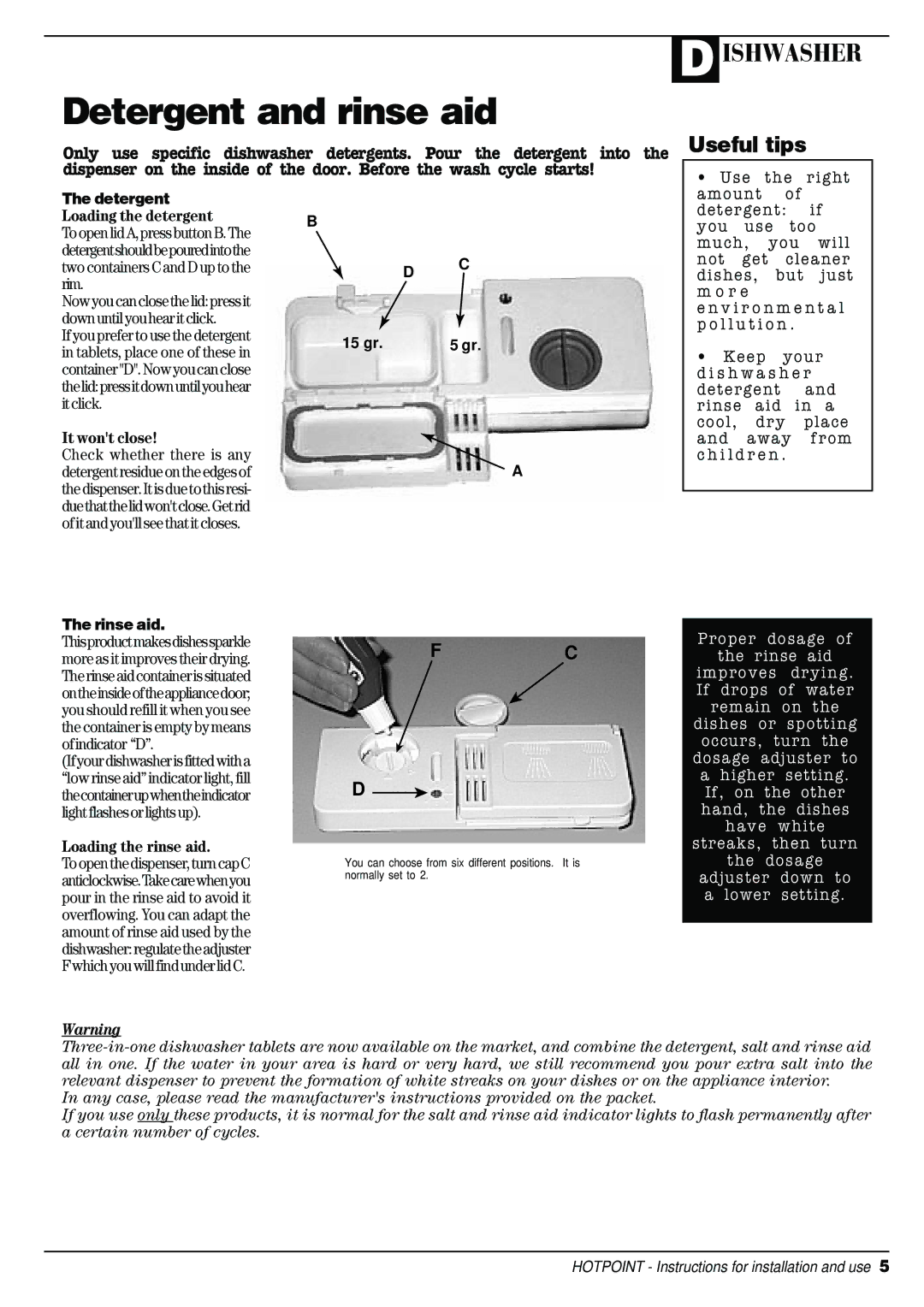 Hotpoint D C 27 manual Loading the detergent, It wont close, Loading the rinse aid, Detergent, Rinse aid 