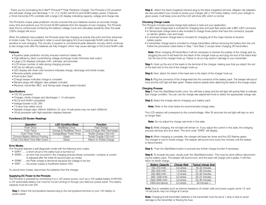 Hotpoint DC 1-14 Features, Specifications, Functions/LCD Screen Readings, Error Modes, Supplying DC Power to the Pinnacle 