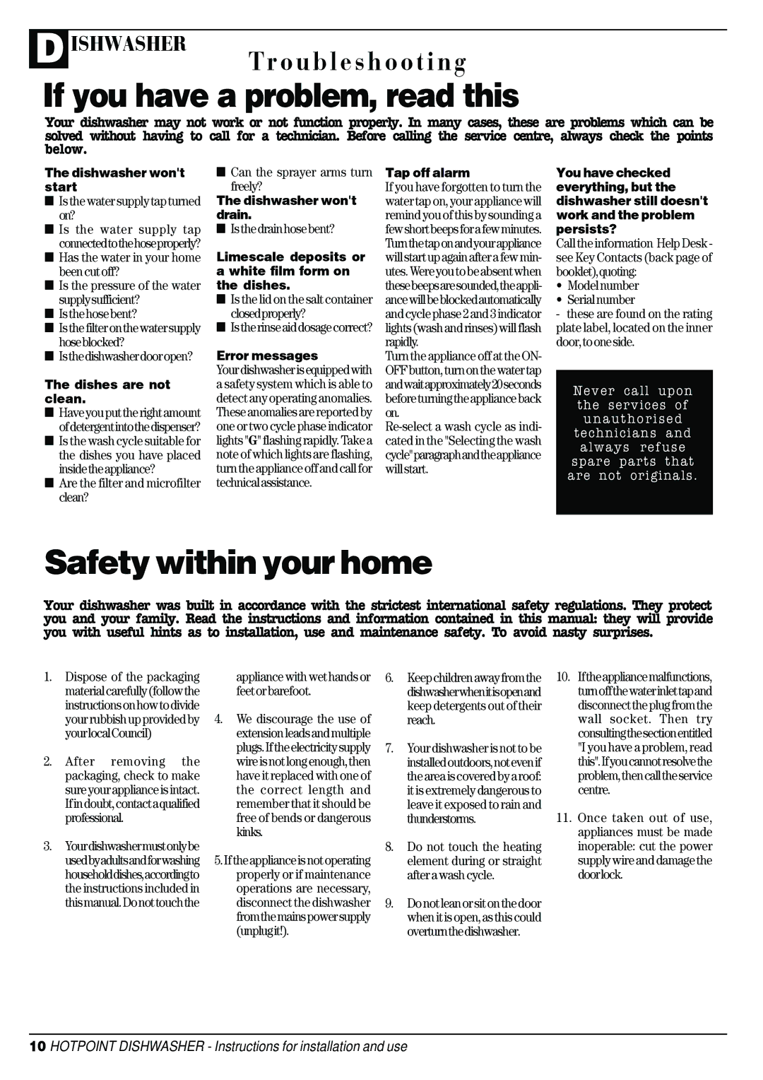 Hotpoint DC 28 manual If you have a problem, read this, Safety within your home 