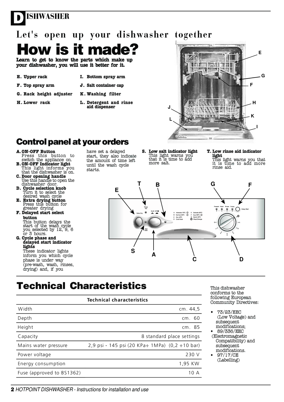 Hotpoint DC 28 manual Control panel at your orders, Technical characteristics 