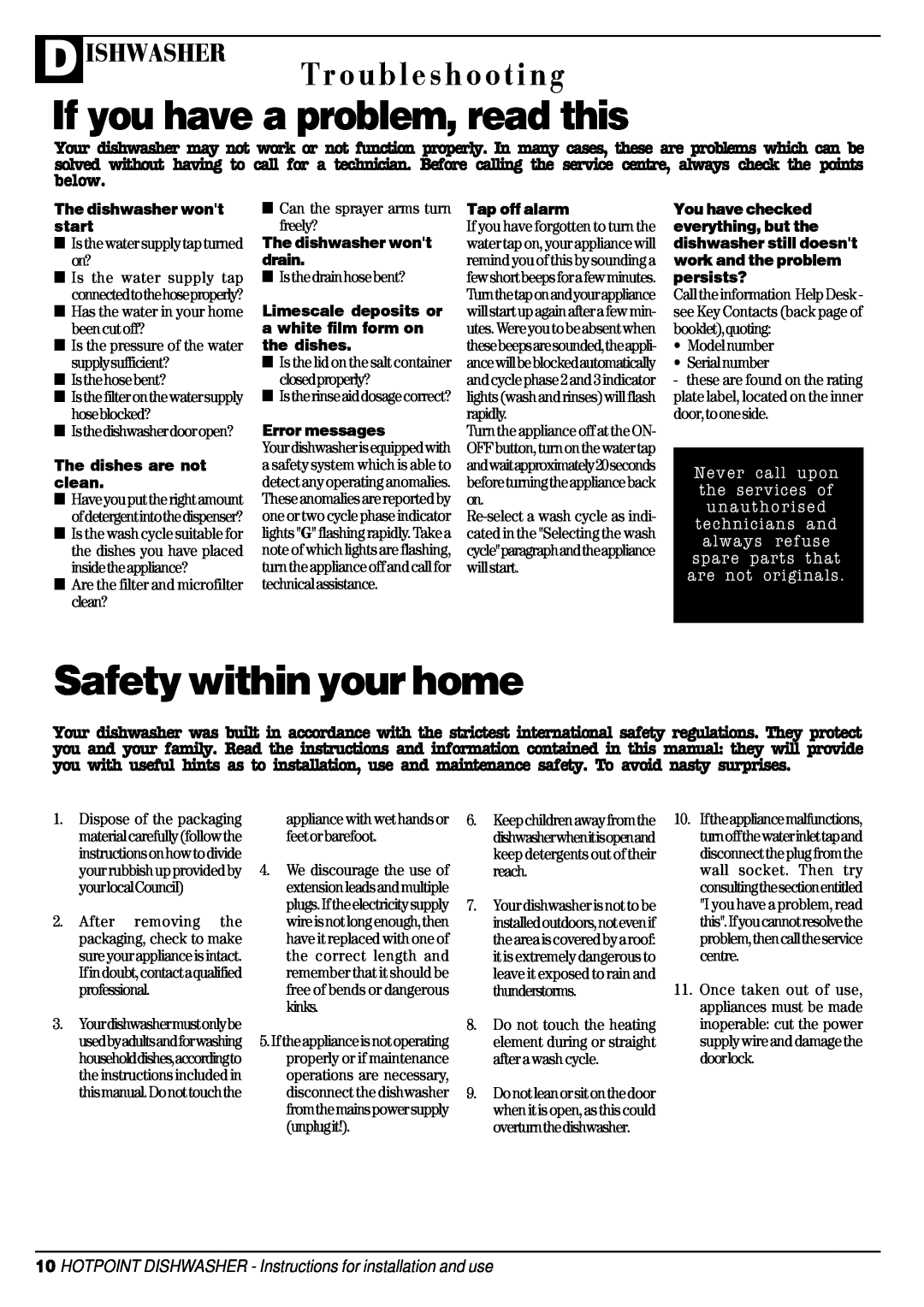 Hotpoint DC 28 If you have a problem, read this, Safety within your home, Troubleshooting, D Ishwasher, Error messages 