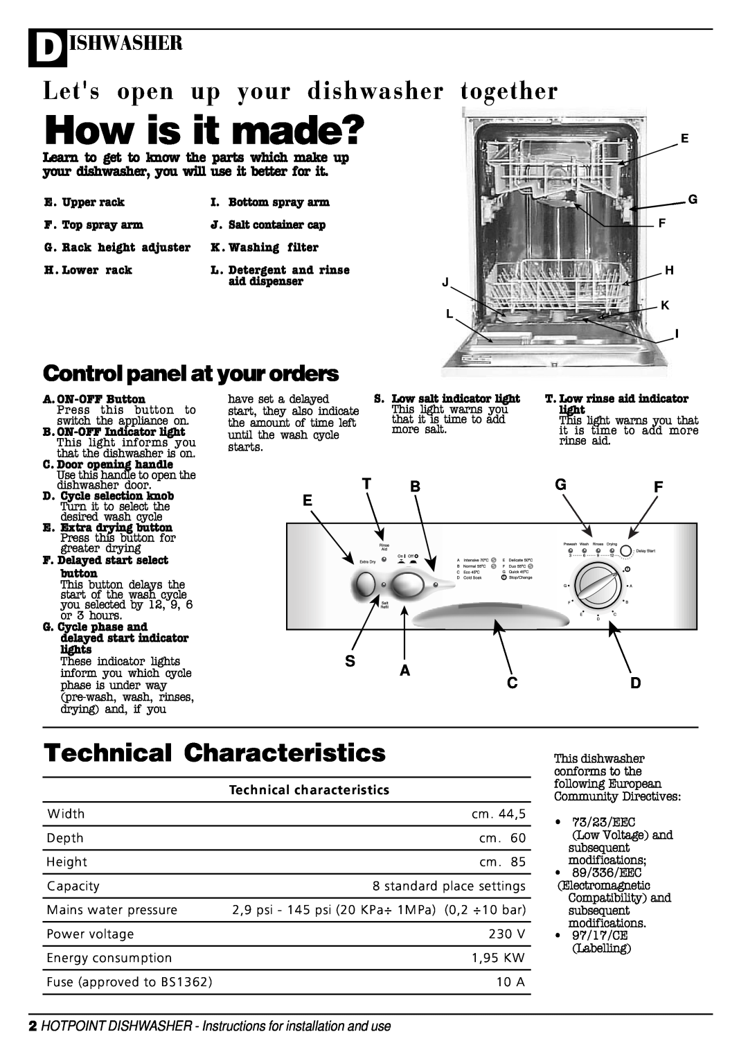 Hotpoint DC 28 manual How is it made?, Lets open up your dishwasher together, Technical Characteristics, Dishwasher, S A Cd 