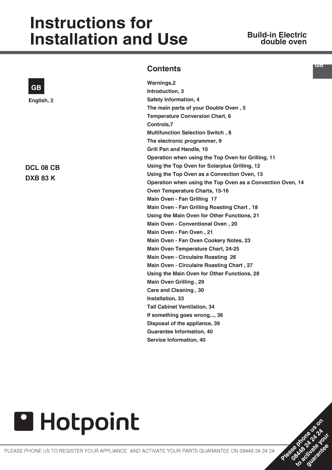 Hotpoint DCL 08 CB manual Instructions for Installation and Use, Contents 