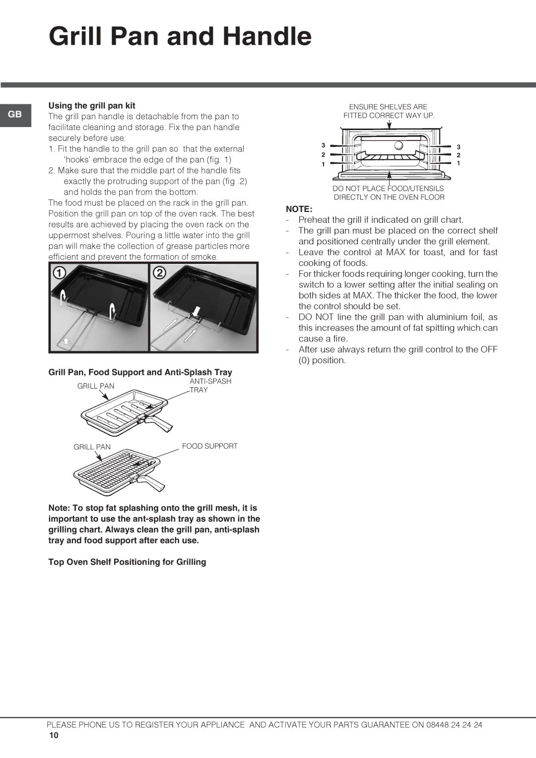 Hotpoint DCL 08 CB manual Grill Pan and Handle, Using the grill pan kit, Grill Pan, Food Support and Anti-Splash Tray 