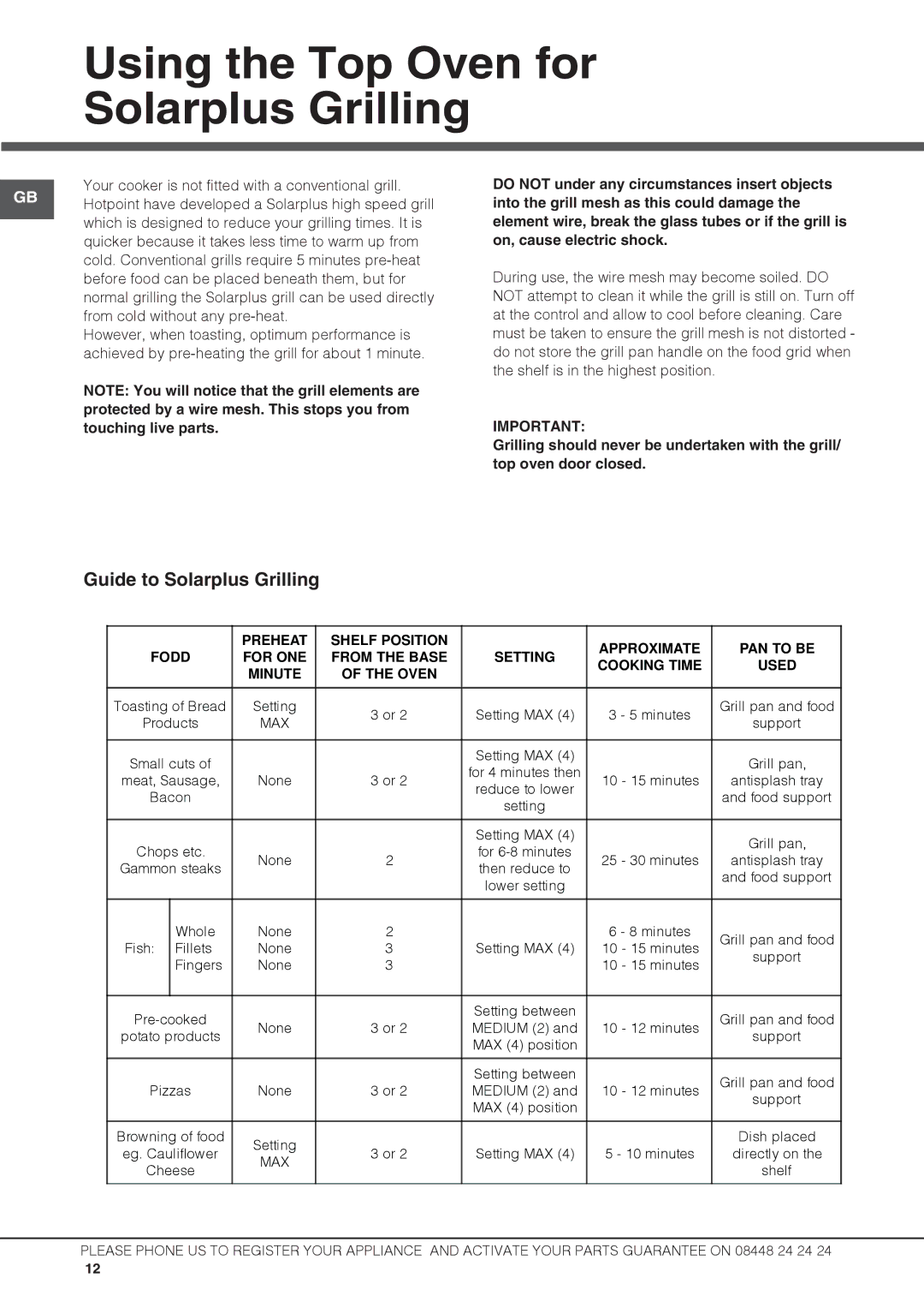 Hotpoint DCL 08 CB manual Using the Top Oven for Solarplus Grilling, Guide to Solarplus Grilling 