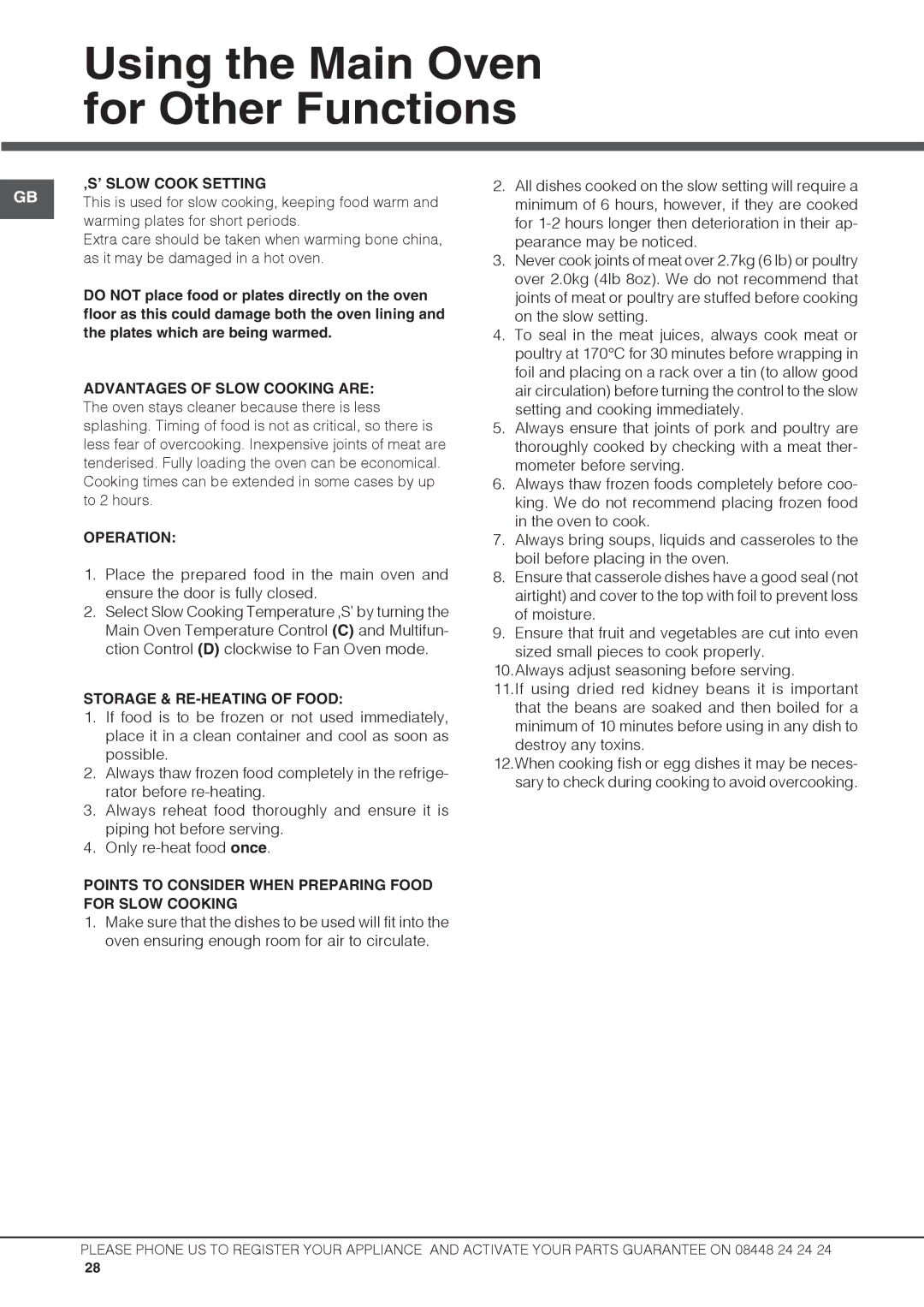 Hotpoint DCL 08 CB manual ‚S’ Slow Cook Setting, Advantages of Slow Cooking are, Operation, Storage & RE-HEATING of Food 