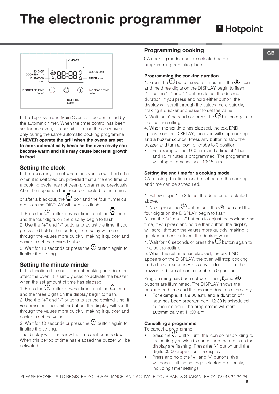 Hotpoint DCL 08 CB manual Electronic programmer, Programming cooking, Setting the clock, Setting the minute minder 