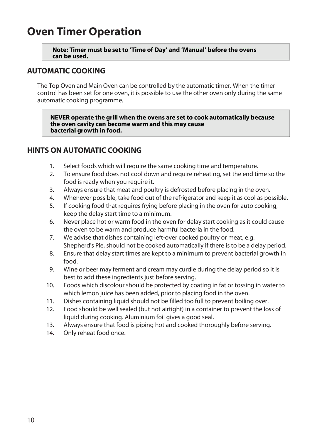 Hotpoint DD77 DT77 manual Oven Timer Operation, Hints on Automatic Cooking 