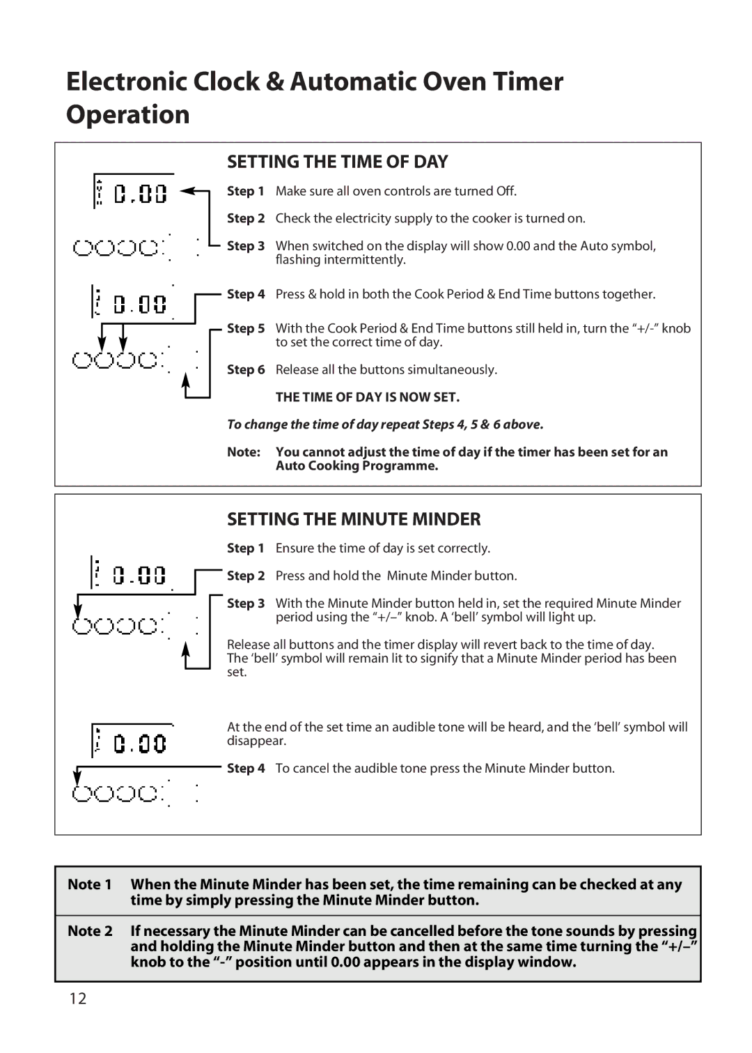 Hotpoint DD77 DT77 Electronic Clock & Automatic Oven Timer Operation, Setting the Time of DAY, Setting the Minute Minder 