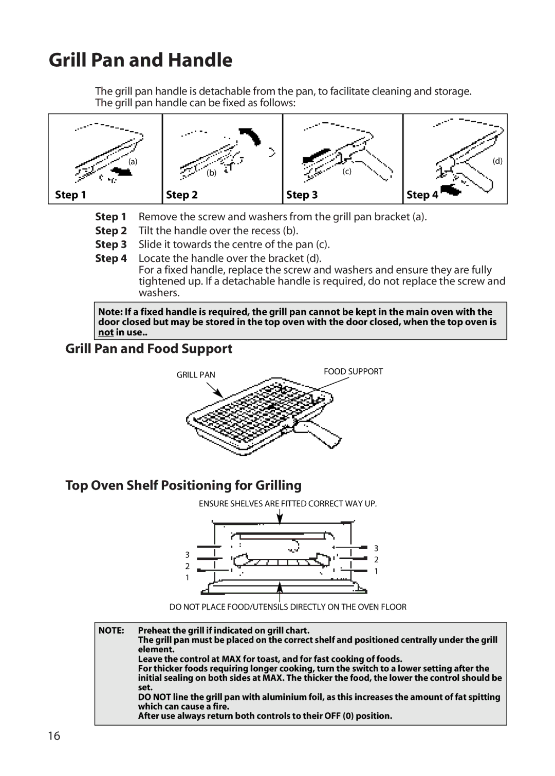 Hotpoint DD77 DT77 manual Grill Pan and Handle, Grill Pan and Food Support, Top Oven Shelf Positioning for Grilling, Step 