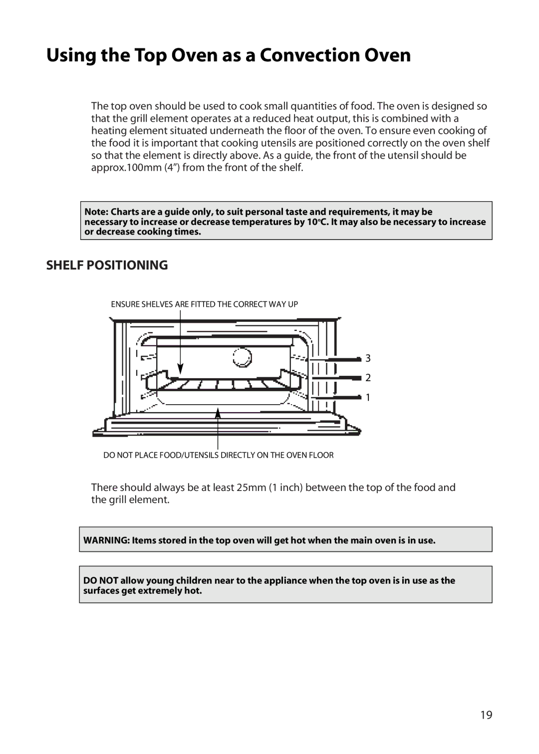 Hotpoint DD77 DT77 manual Using the Top Oven as a Convection Oven, Shelf Positioning 