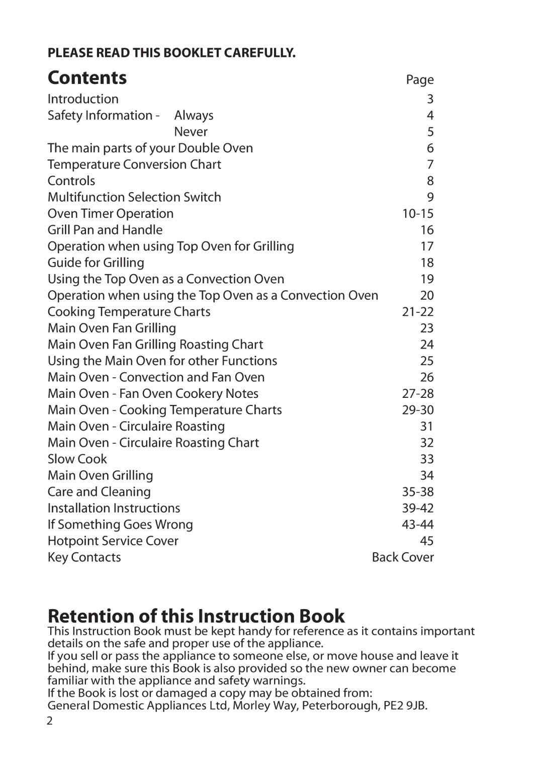 Hotpoint DD77 DT77 manual Contents, Retention of this Instruction Book 