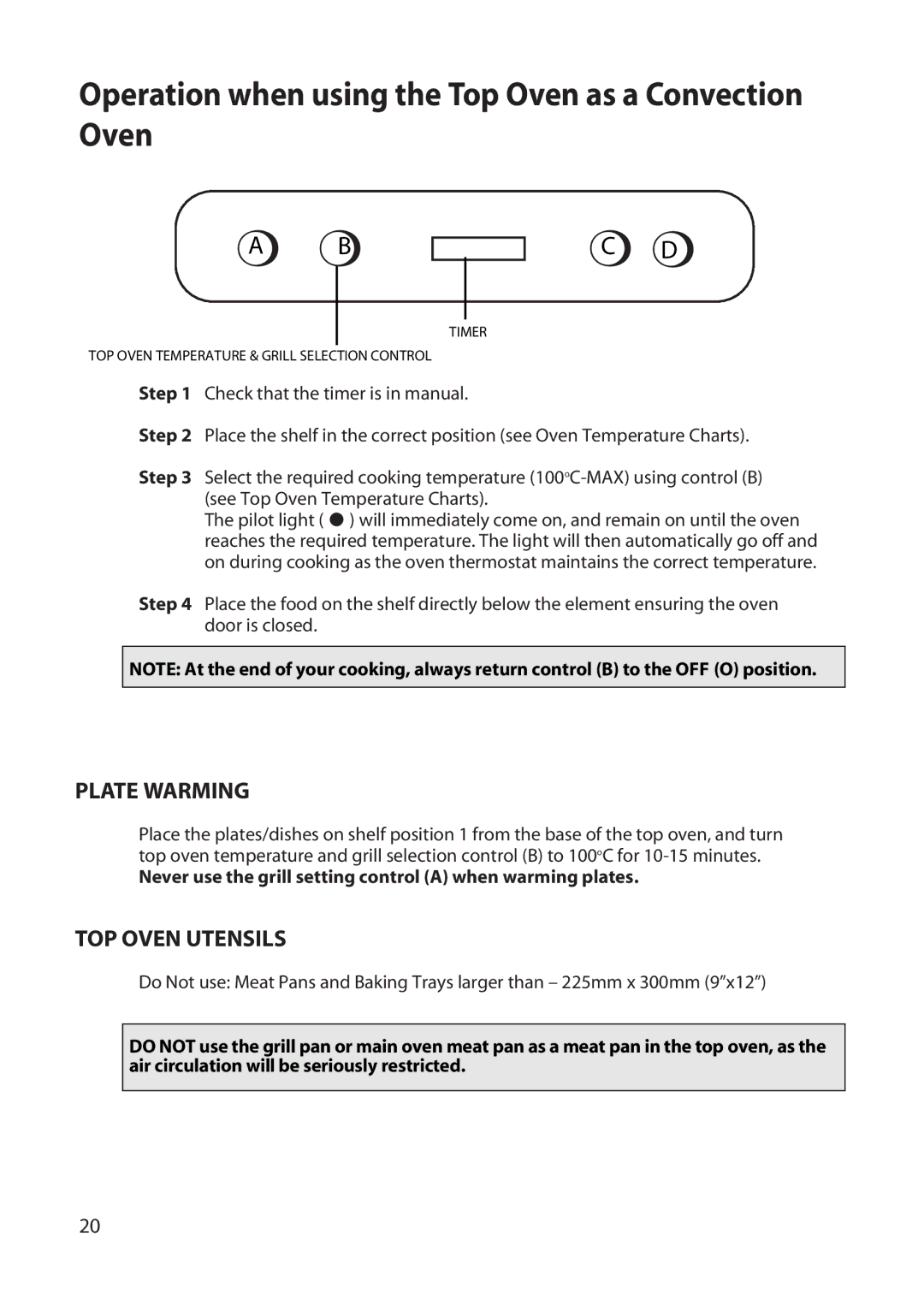 Hotpoint DD77 DT77 manual Operation when using the Top Oven as a Convection Oven, Plate Warming, TOP Oven Utensils 