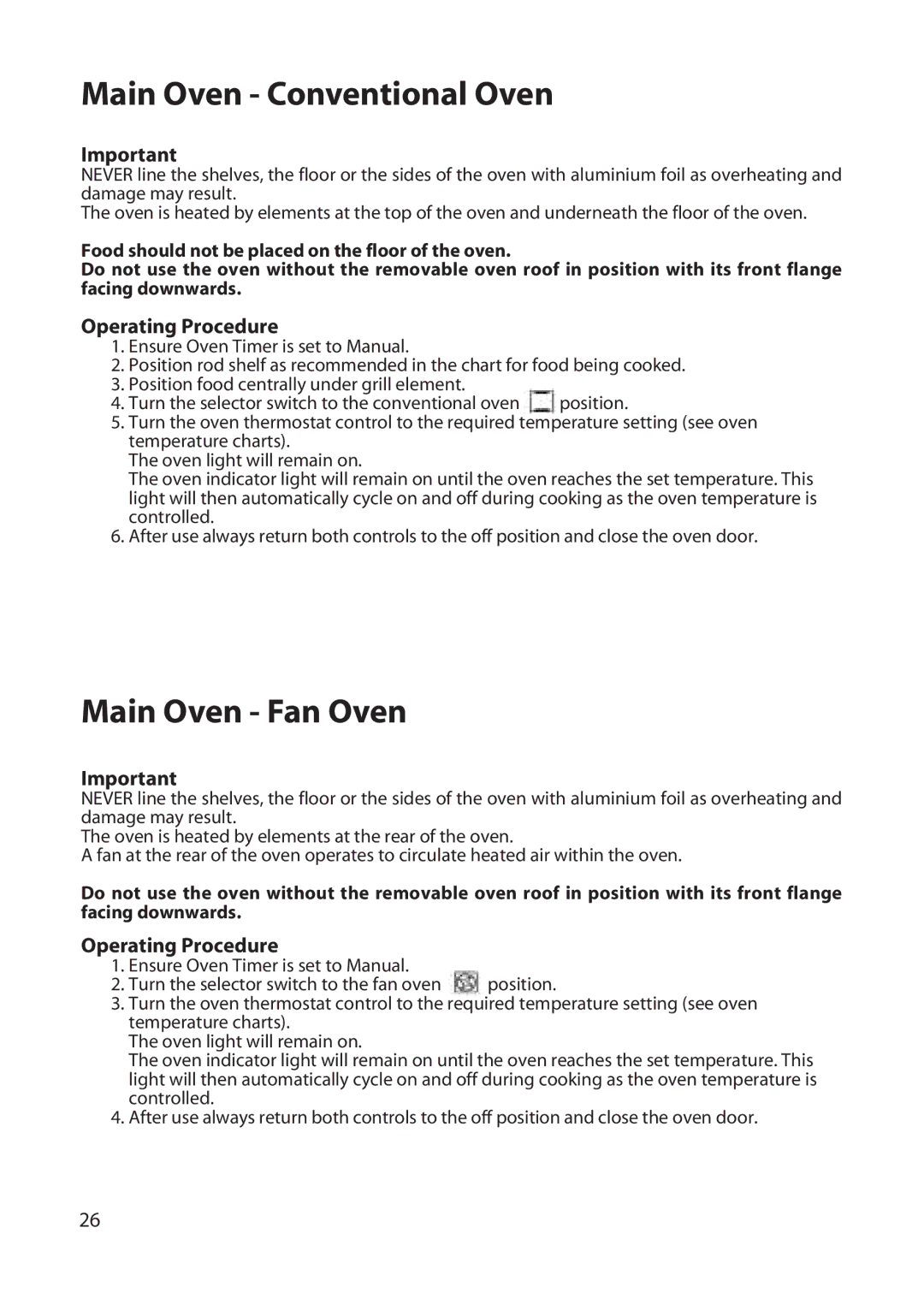 Hotpoint DD77 DT77 manual Main Oven Conventional Oven, Main Oven Fan Oven, Operating Procedure 