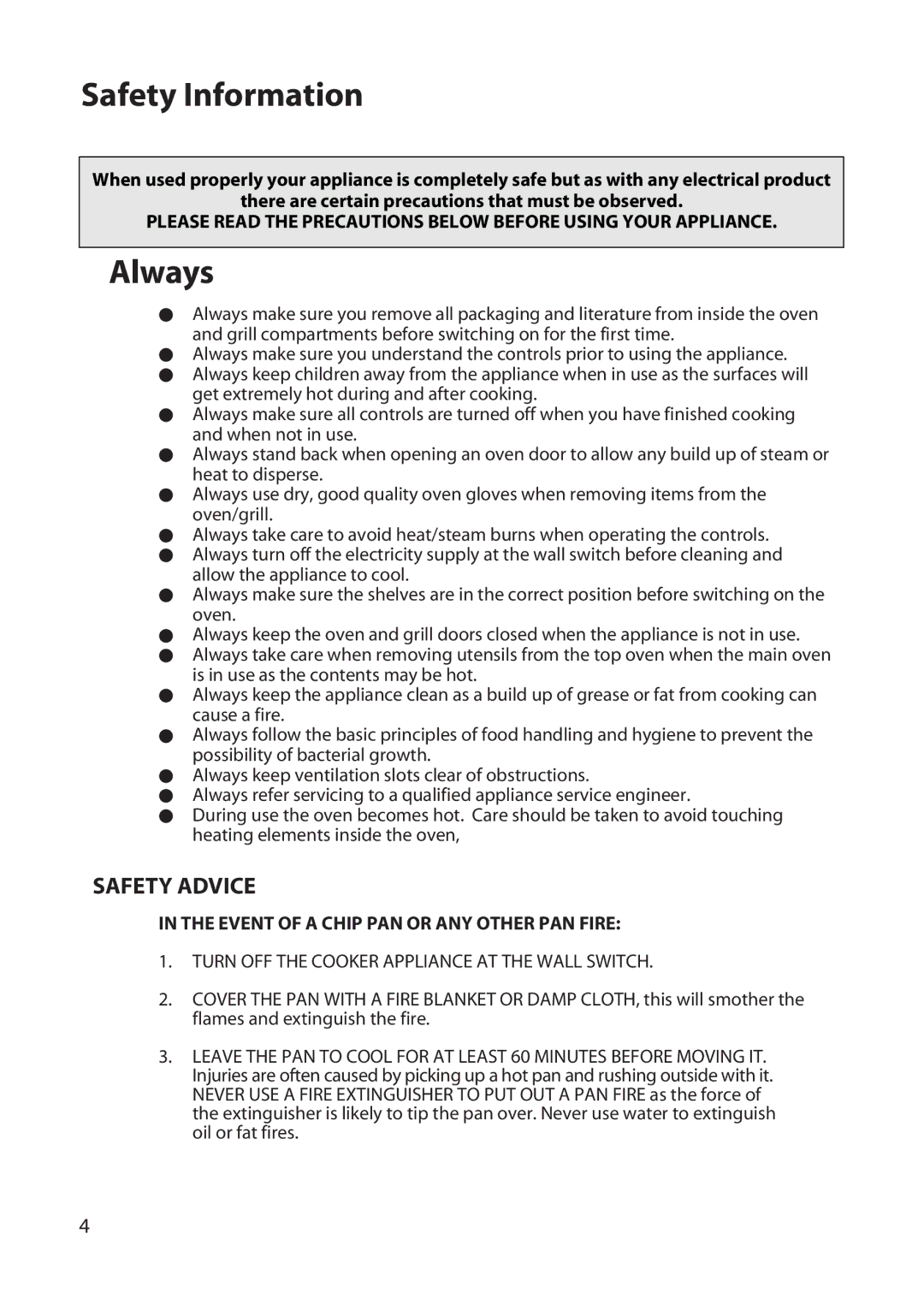 Hotpoint DD77 DT77 manual Safety Information, Always, Safety Advice 