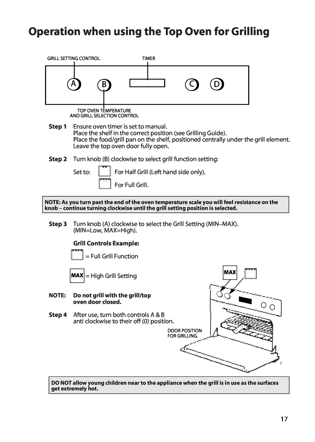Hotpoint DD77 DT77 manual Operation when using the Top Oven for Grilling, Grill Controls Example 