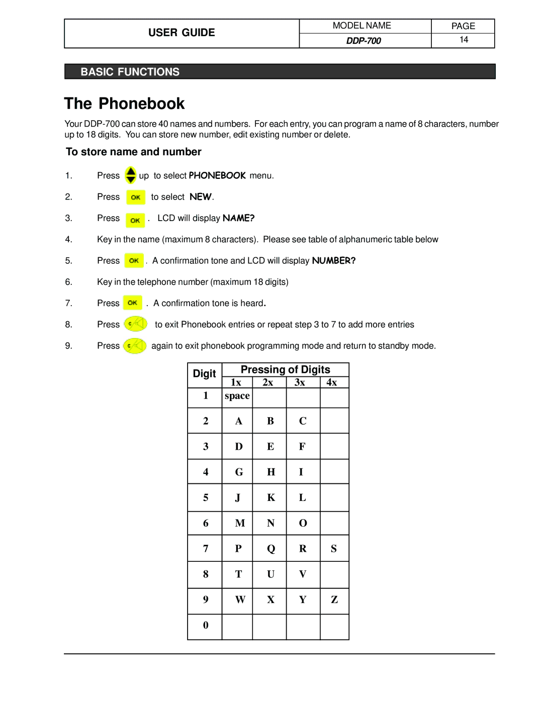 Hotpoint DDP-700 manual Phonebook, To store name and number, Digit Pressing of Digits 