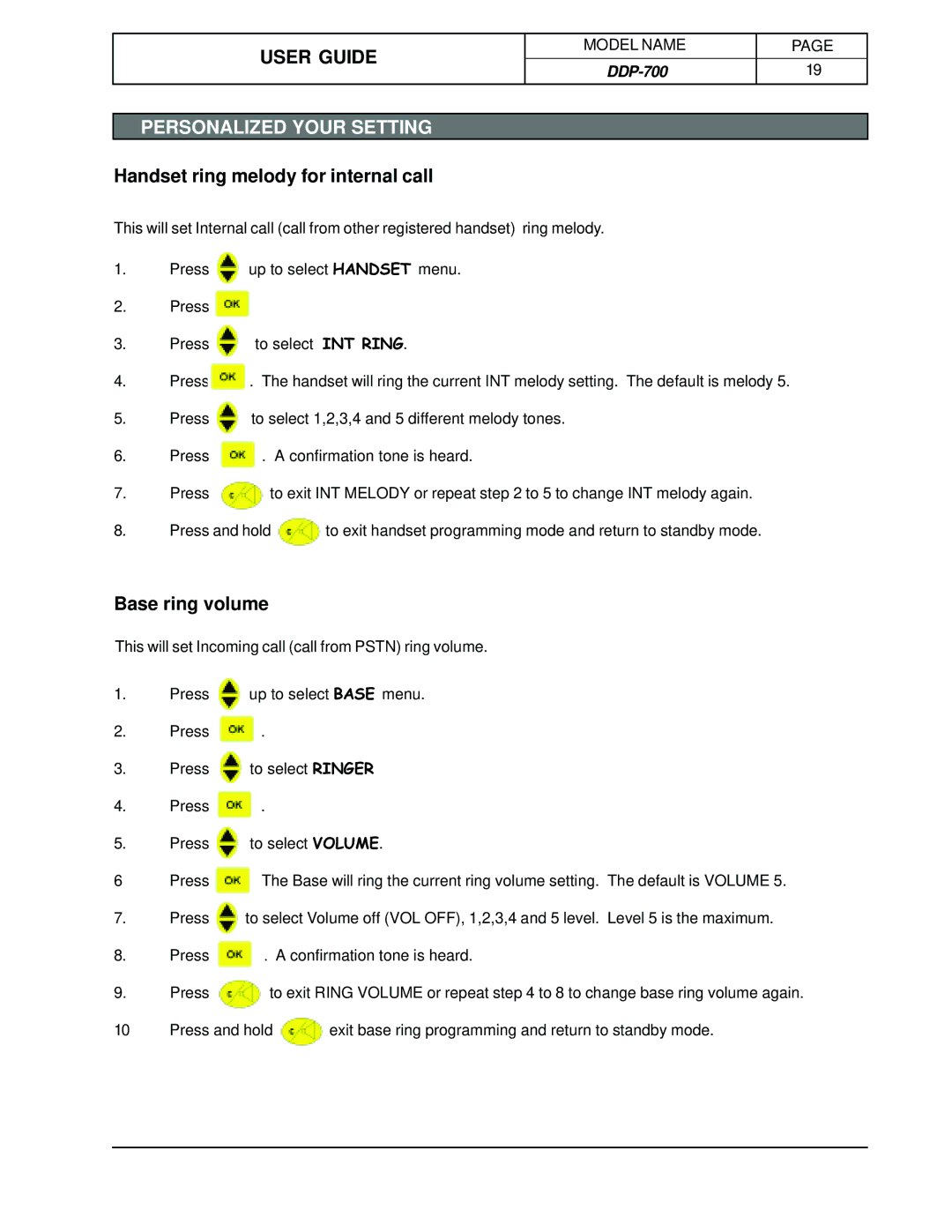 Hotpoint DDP-700 manual Handset ring melody for internal call, Base ring volume 