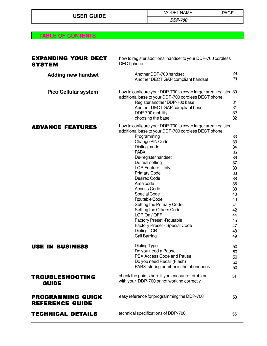 Hotpoint DDP-700 manual Adding new handset Pico Cellular system, Pabx 