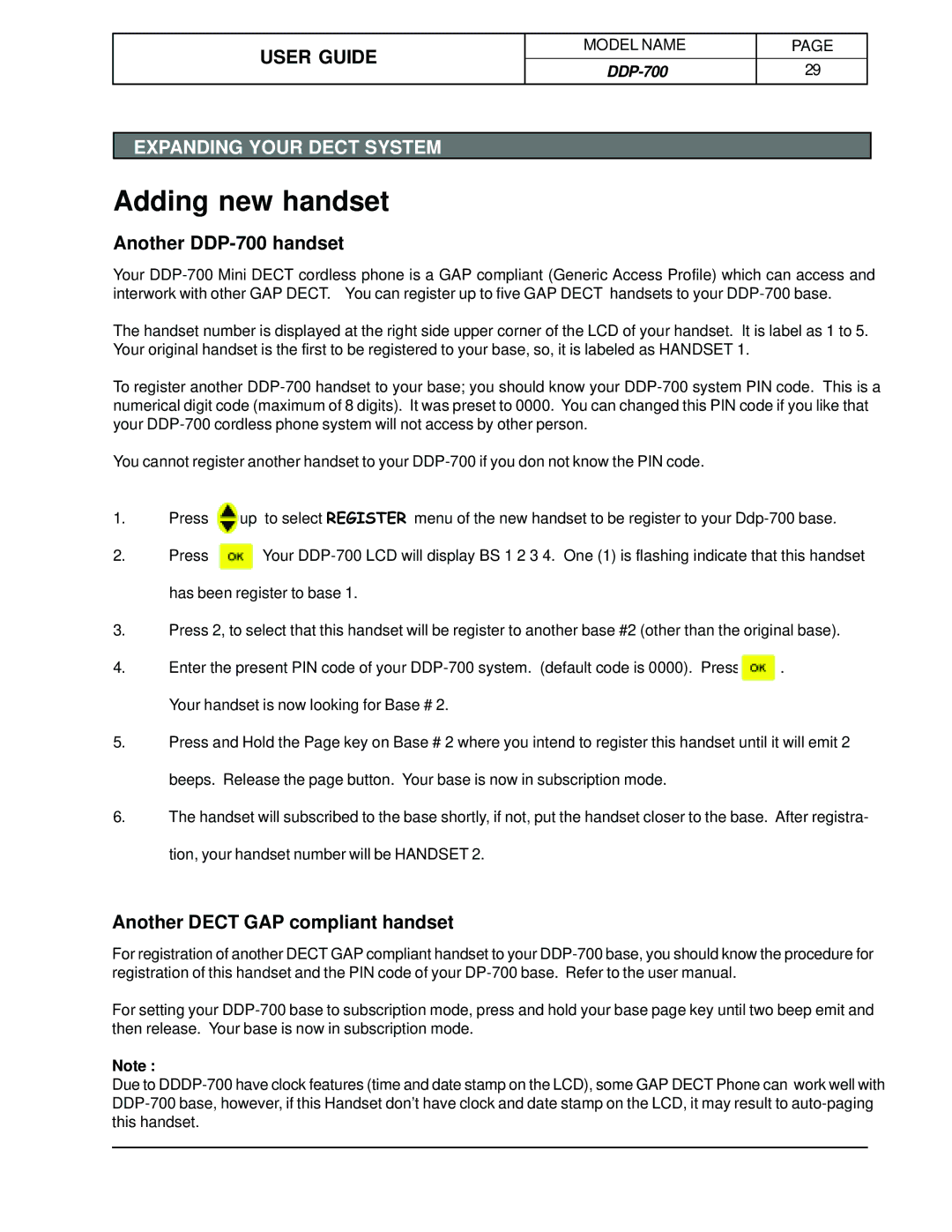 Hotpoint manual Adding new handset, Another DDP-700 handset, Another Dect GAP compliant handset 