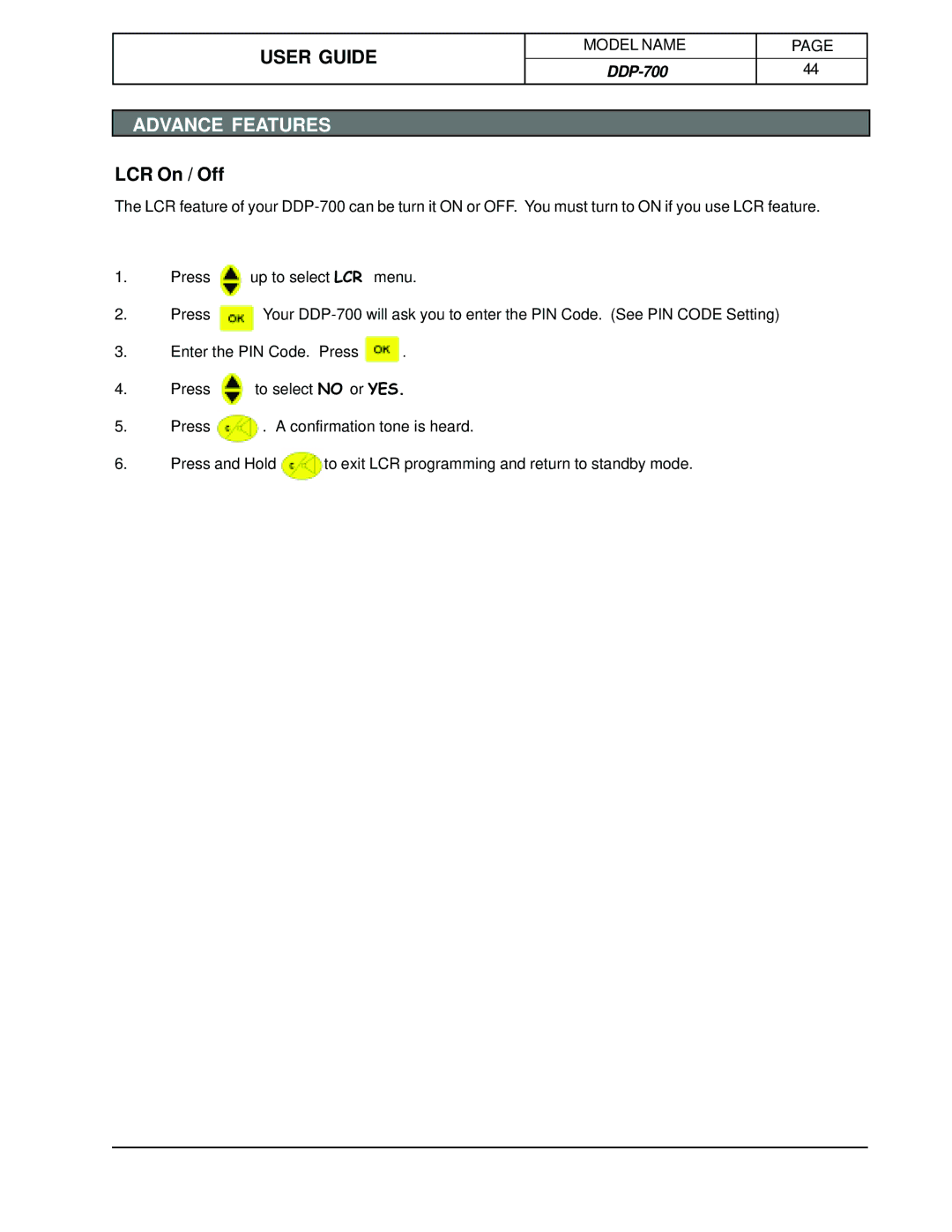 Hotpoint DDP-700 manual LCR On / Off 