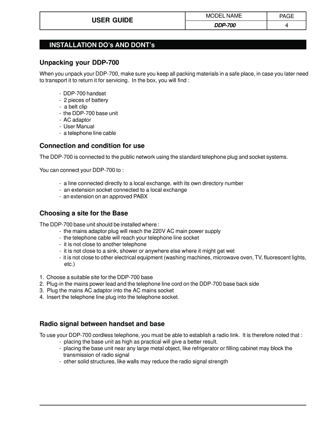 Hotpoint manual Unpacking your DDP-700, Connection and condition for use, Choosing a site for the Base 