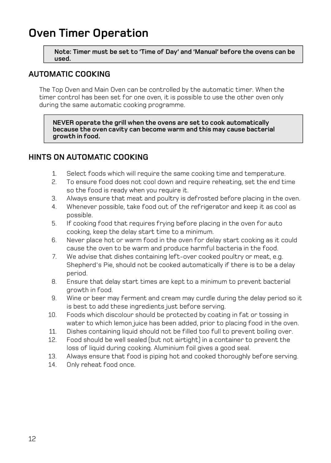 Hotpoint DE47X1, DQ47 Mk2, BD52 Mk2, BD62 Mk2 manual Oven Timer Operation, Hints on Automatic Cooking 