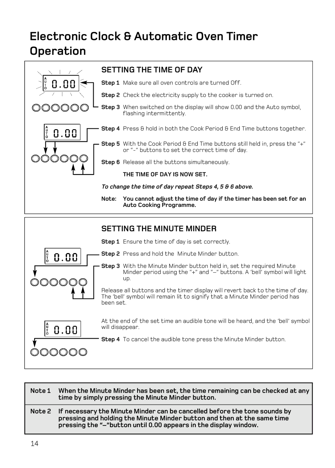 Hotpoint BD52 Mk2 Electronic Clock & Automatic Oven Timer Operation, Setting the Time of DAY, Setting the Minute Minder 