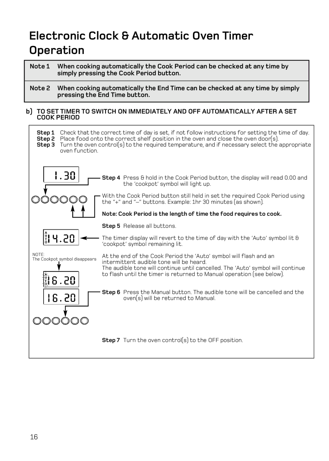 Hotpoint DE47X1, DQ47 Mk2, BD52 Mk2, BD62 Mk2 manual Cookpot symbol disappears 