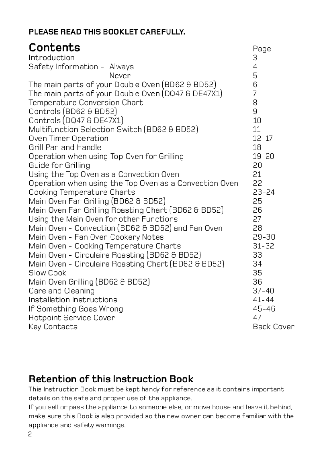 Hotpoint BD52 Mk2, DE47X1, DQ47 Mk2, BD62 Mk2 manual Contents 