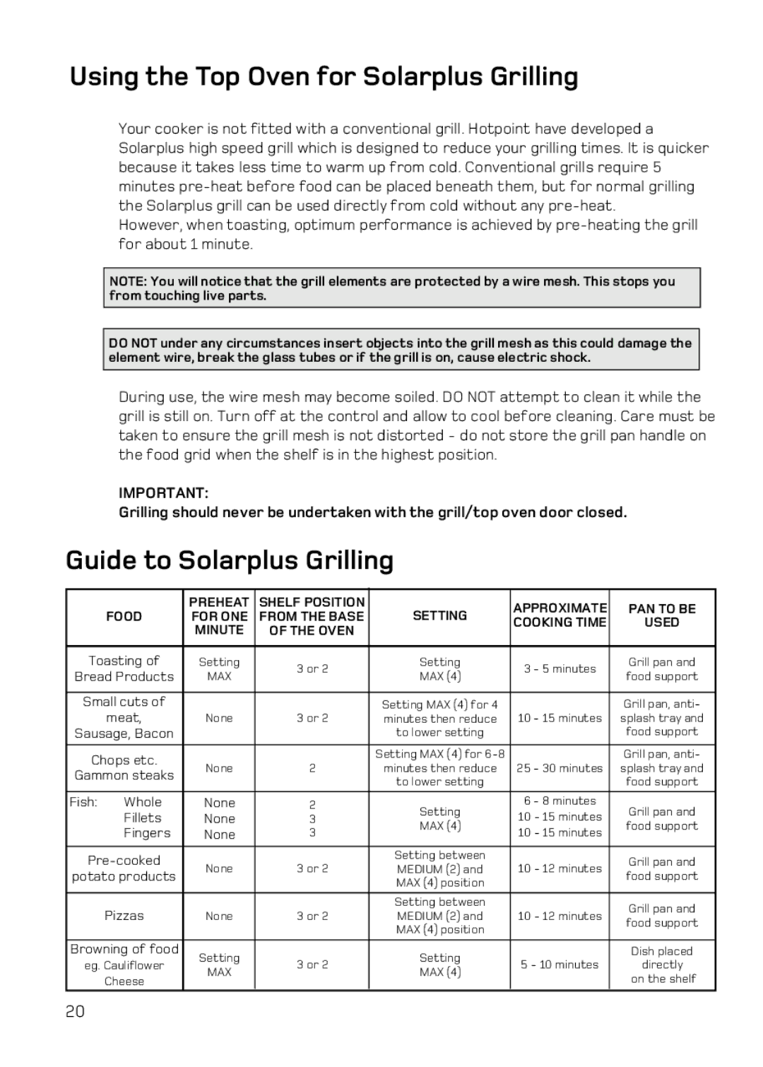 Hotpoint DE47X1, DQ47 Mk2, BD52 Mk2, BD62 Mk2 manual Using the Top Oven for Solarplus Grilling, Guide to Solarplus Grilling 