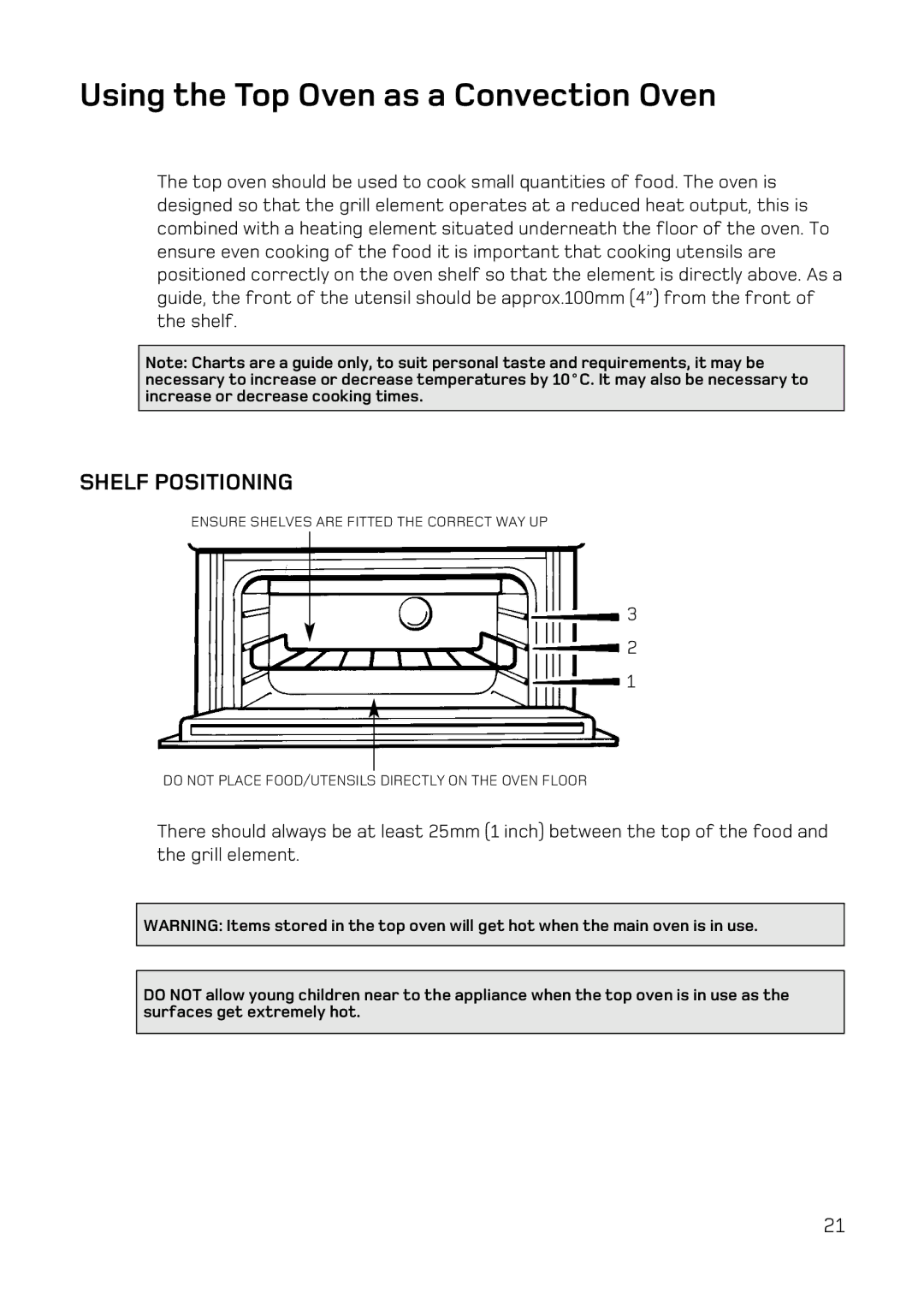 Hotpoint DQ47 Mk2, DE47X1, BD52 Mk2, BD62 Mk2 manual Using the Top Oven as a Convection Oven, Shelf Positioning 