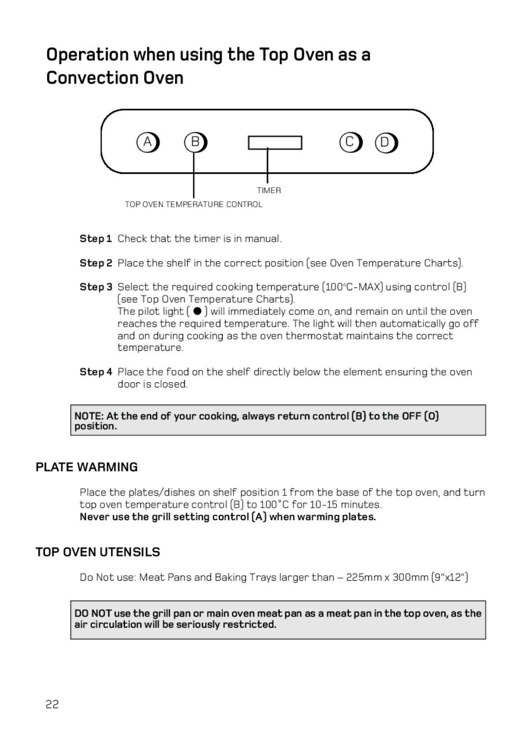 Hotpoint BD52 Mk2, DE47X1 manual Operation when using the Top Oven as a Convection Oven, Plate Warming, TOP Oven Utensils 