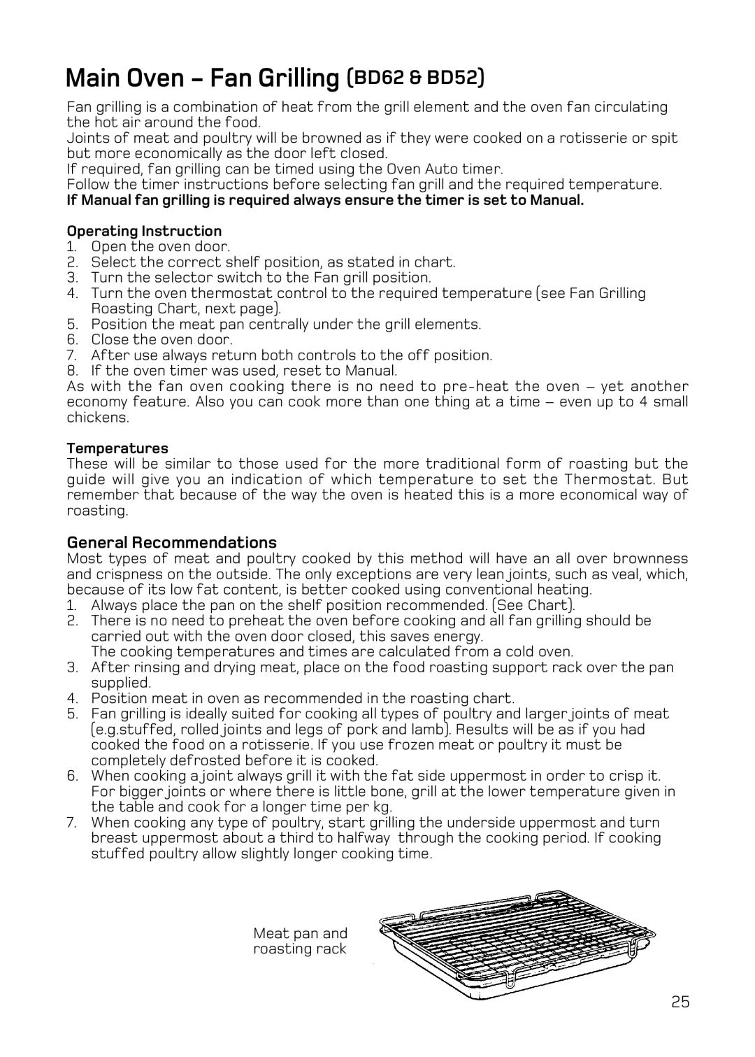 Hotpoint DQ47 Mk2, DE47X1, BD52 Mk2, BD62 Mk2 manual Main Oven Fan Grilling BD62 & BD52, General Recommendations, Temperatures 