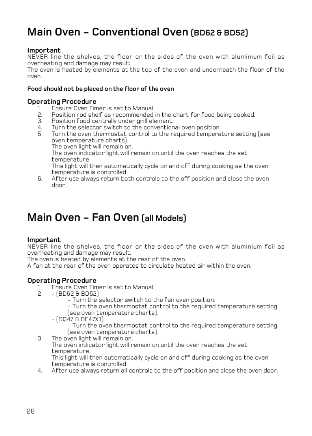 Hotpoint DE47X1, DQ47 Mk2 manual Main Oven Conventional Oven BD62 & BD52, Main Oven Fan Oven all Models, Operating Procedure 