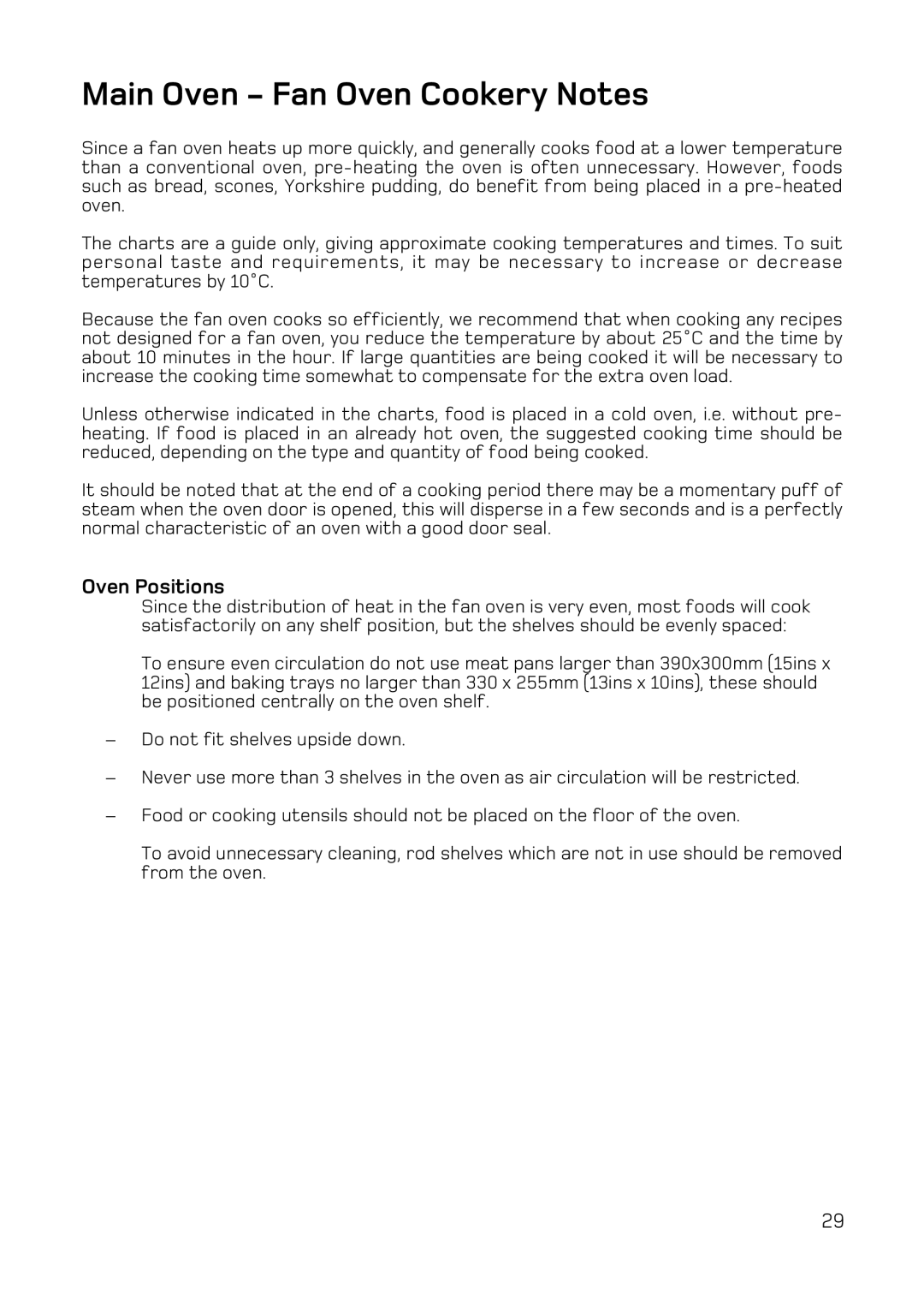 Hotpoint DQ47 Mk2, DE47X1, BD52 Mk2, BD62 Mk2 manual Main Oven Fan Oven Cookery Notes, Oven Positions 