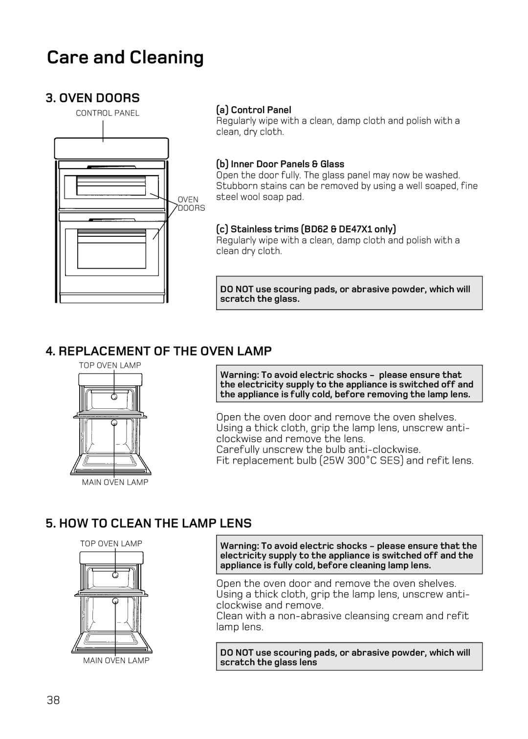 Hotpoint BD52 Mk2, DE47X1, DQ47 Mk2, BD62 Mk2 manual Oven Doors, Replacement of the Oven Lamp, HOW to Clean the Lamp Lens 