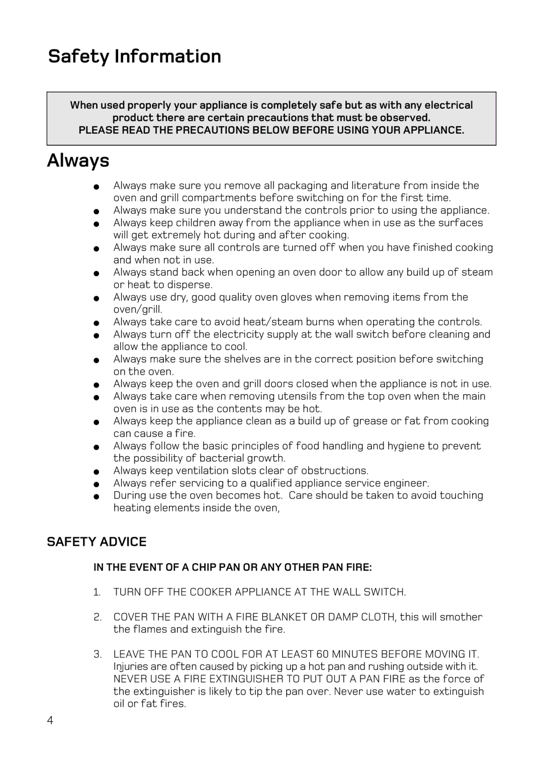 Hotpoint DE47X1, DQ47 Mk2, BD52 Mk2, BD62 Mk2 manual Safety Information, Always, Safety Advice 