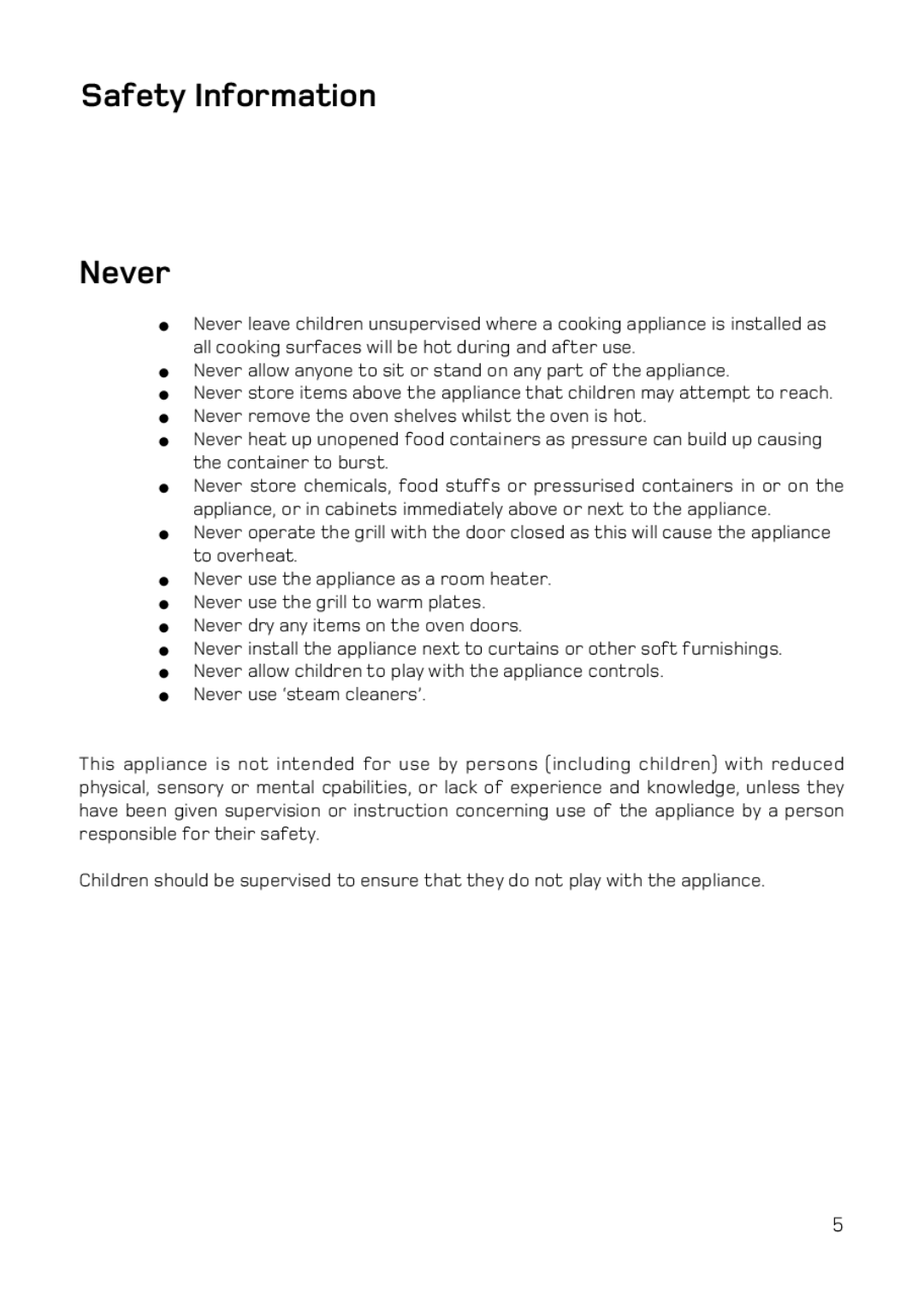 Hotpoint DQ47 Mk2, DE47X1, BD52 Mk2, BD62 Mk2 manual Safety Information Never 