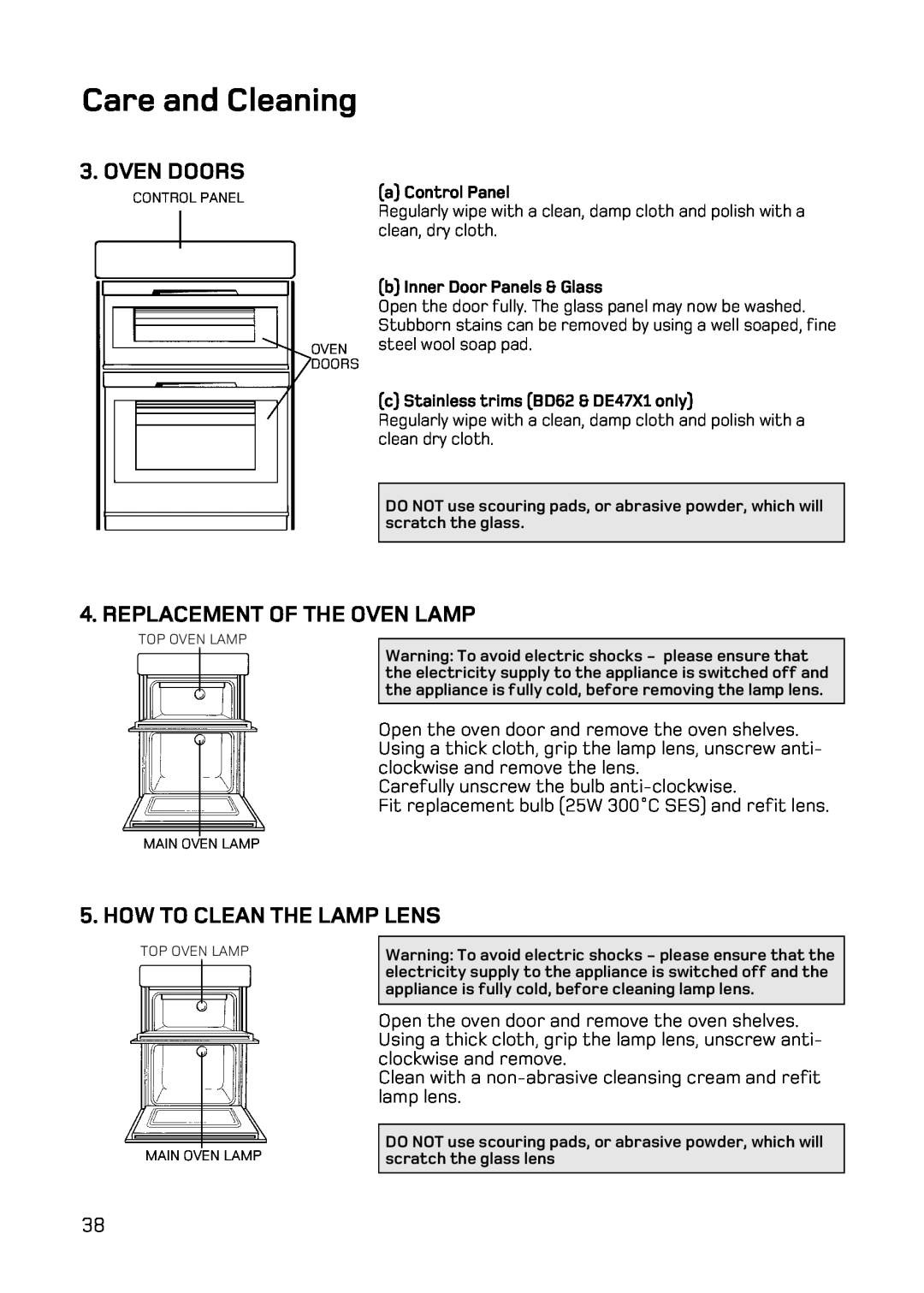 Hotpoint BD52 Mk2 Oven Doors, Replacement Of The Oven Lamp, How To Clean The Lamp Lens, Care and Cleaning, a Control Panel 