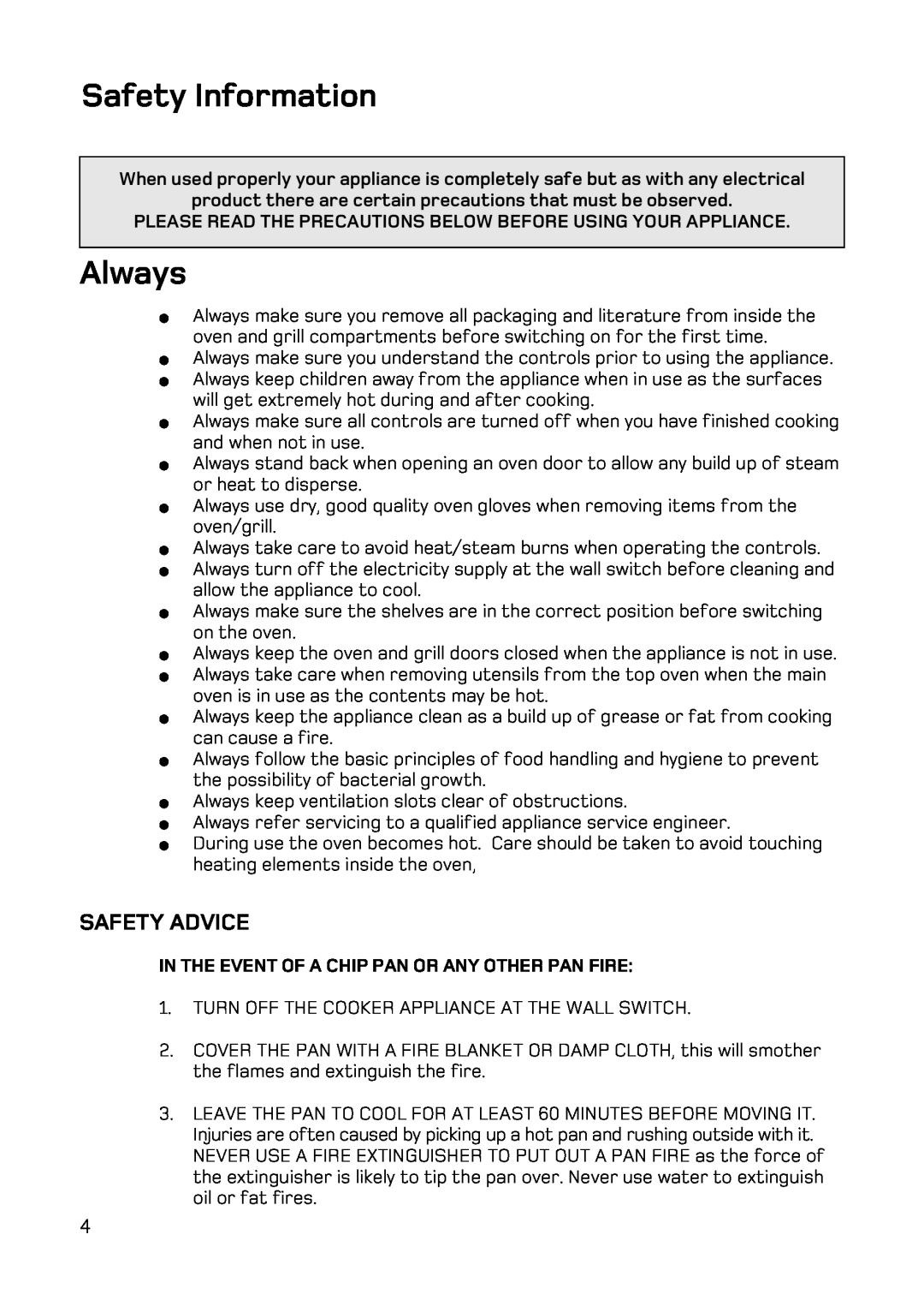Hotpoint DE47X1, DQ47 Mk2, BD52 Mk2, BD62 Mk2 manual Safety Information, Always, Safety Advice 