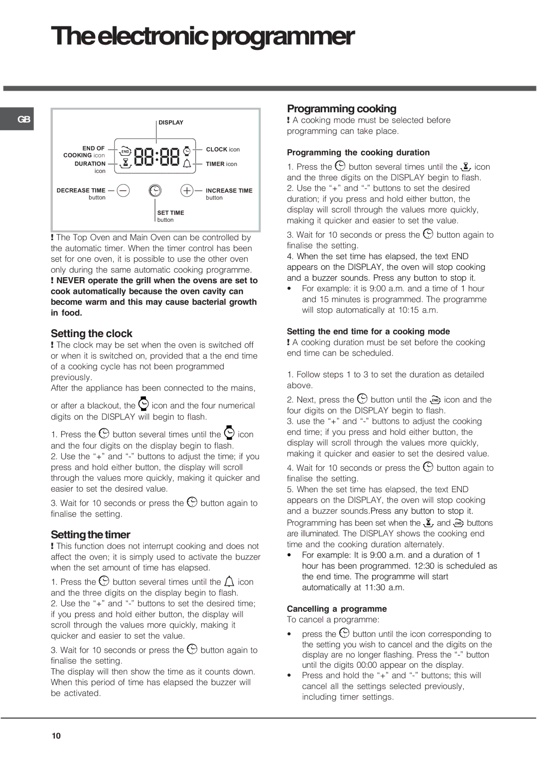 Hotpoint BD52B/2, DE47X/2, DQ47I/2 manual Theelectronicprogrammer, Setting the clock, Setting the timer, Programming cooking 